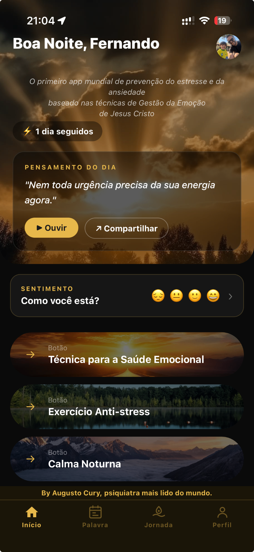 Tela inicial do app LifeCalm — Boa Noite, pensamento do dia e práticas de saúde emocional