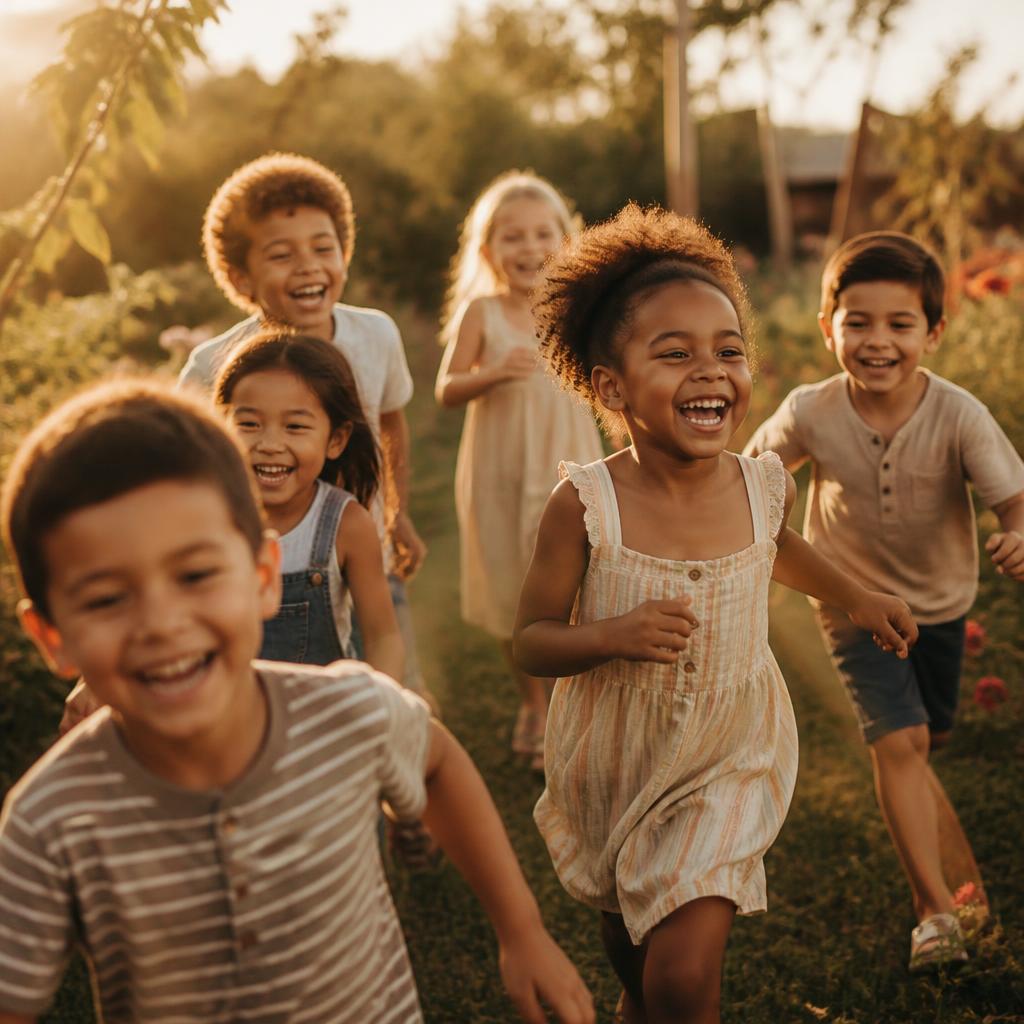 Crianças felizes brincando juntas em um jardim ensolarado